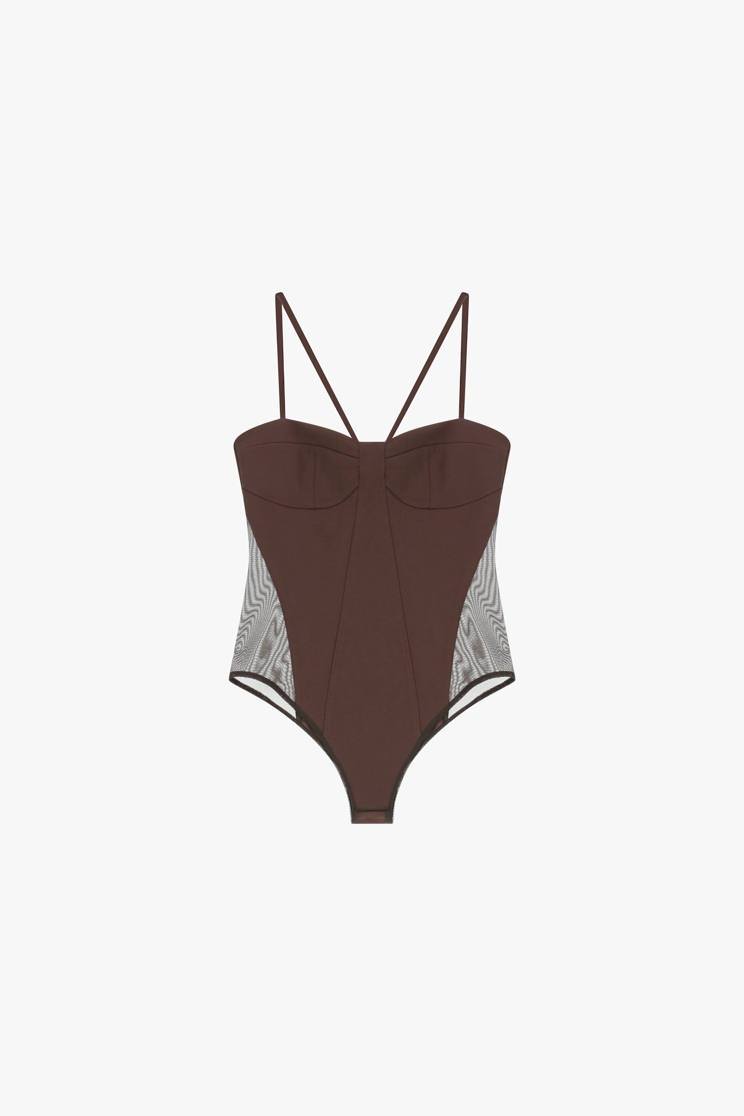 Bodysuit with thin straps and mesh side panels