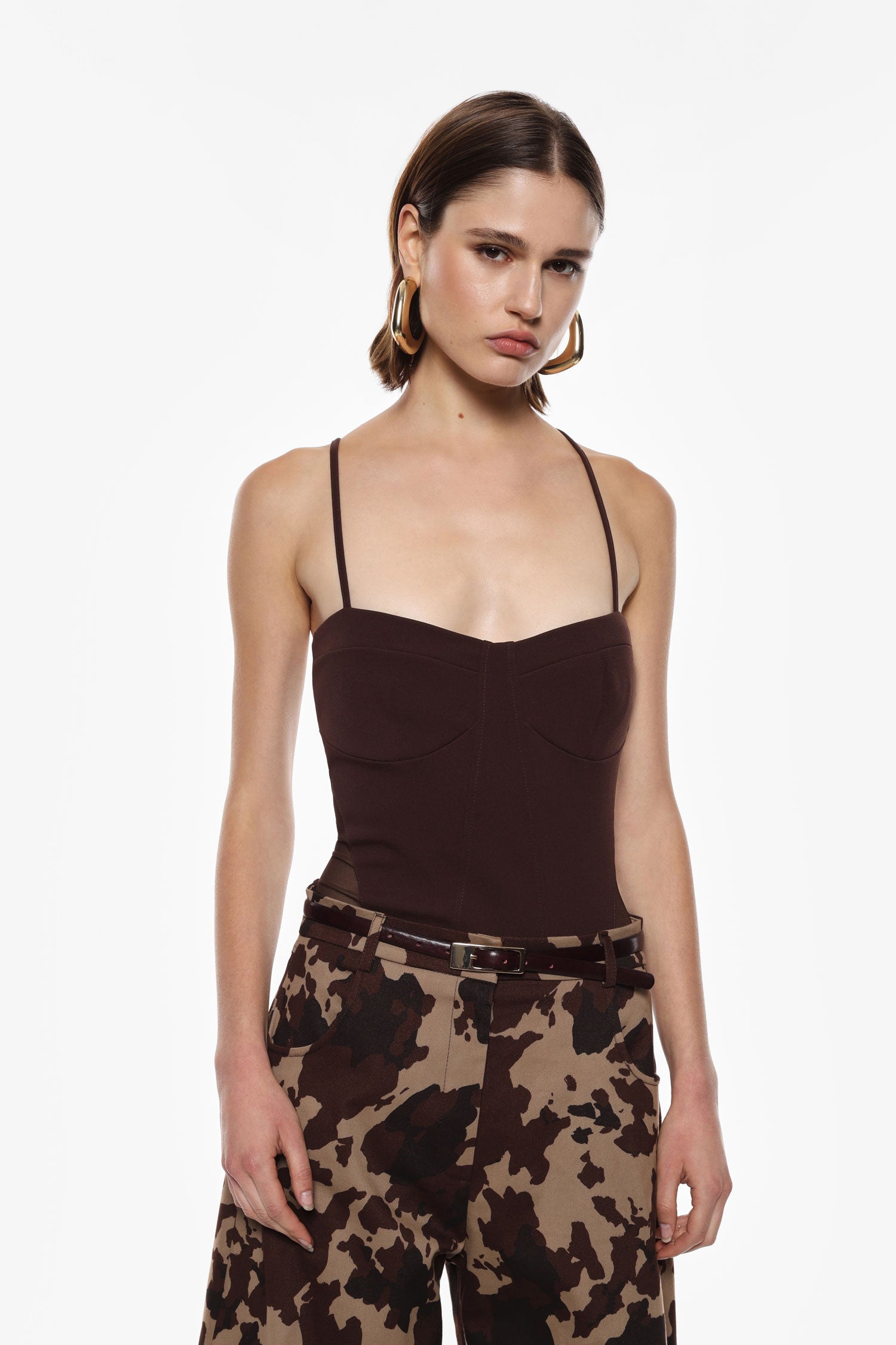 Bodysuit with thin straps and mesh side panels