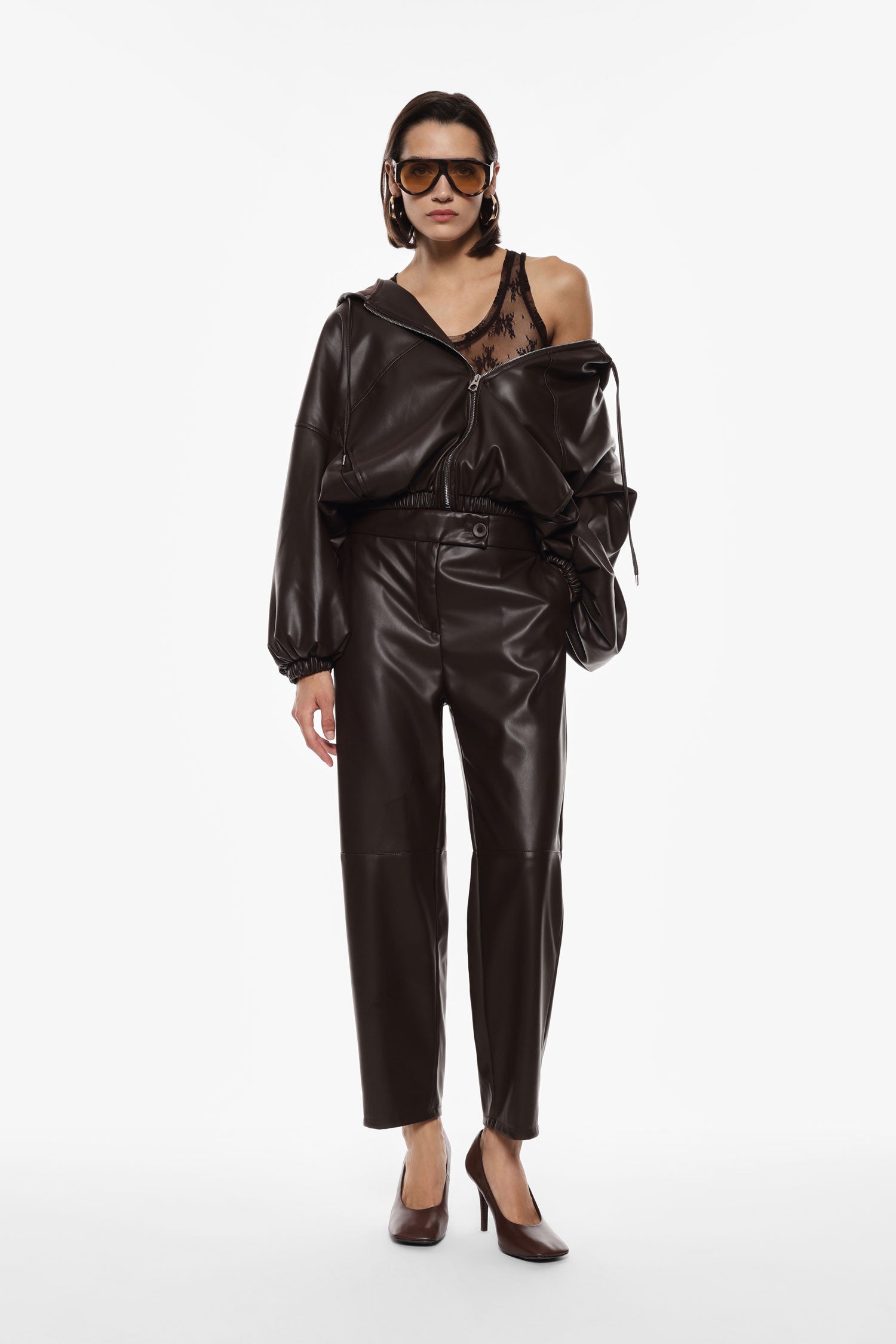 Oversized faux leather jacket with hood