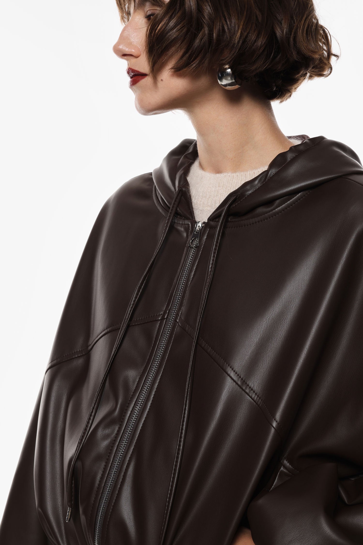 Oversized faux leather jacket with hood