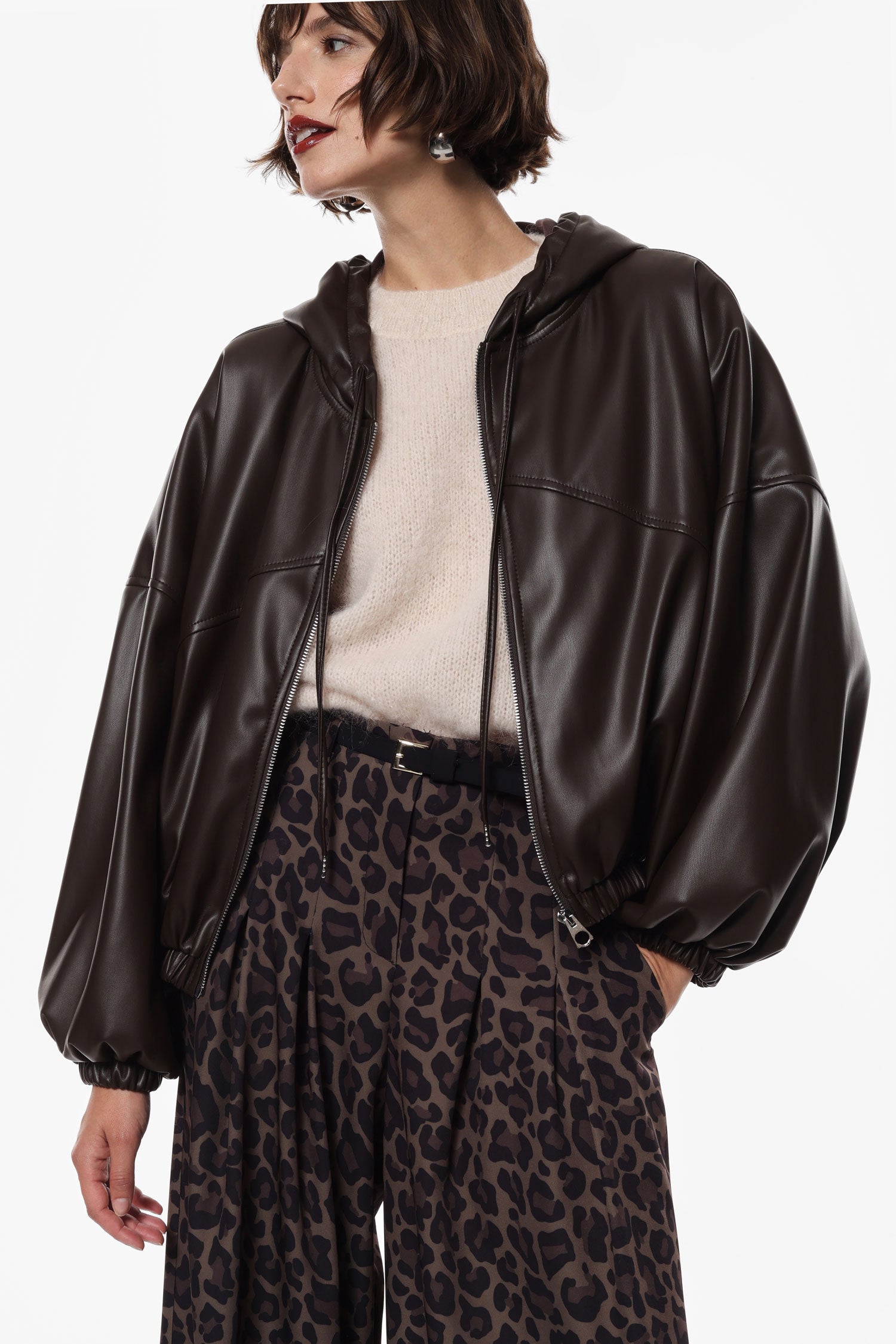 Oversized faux leather jacket with hood