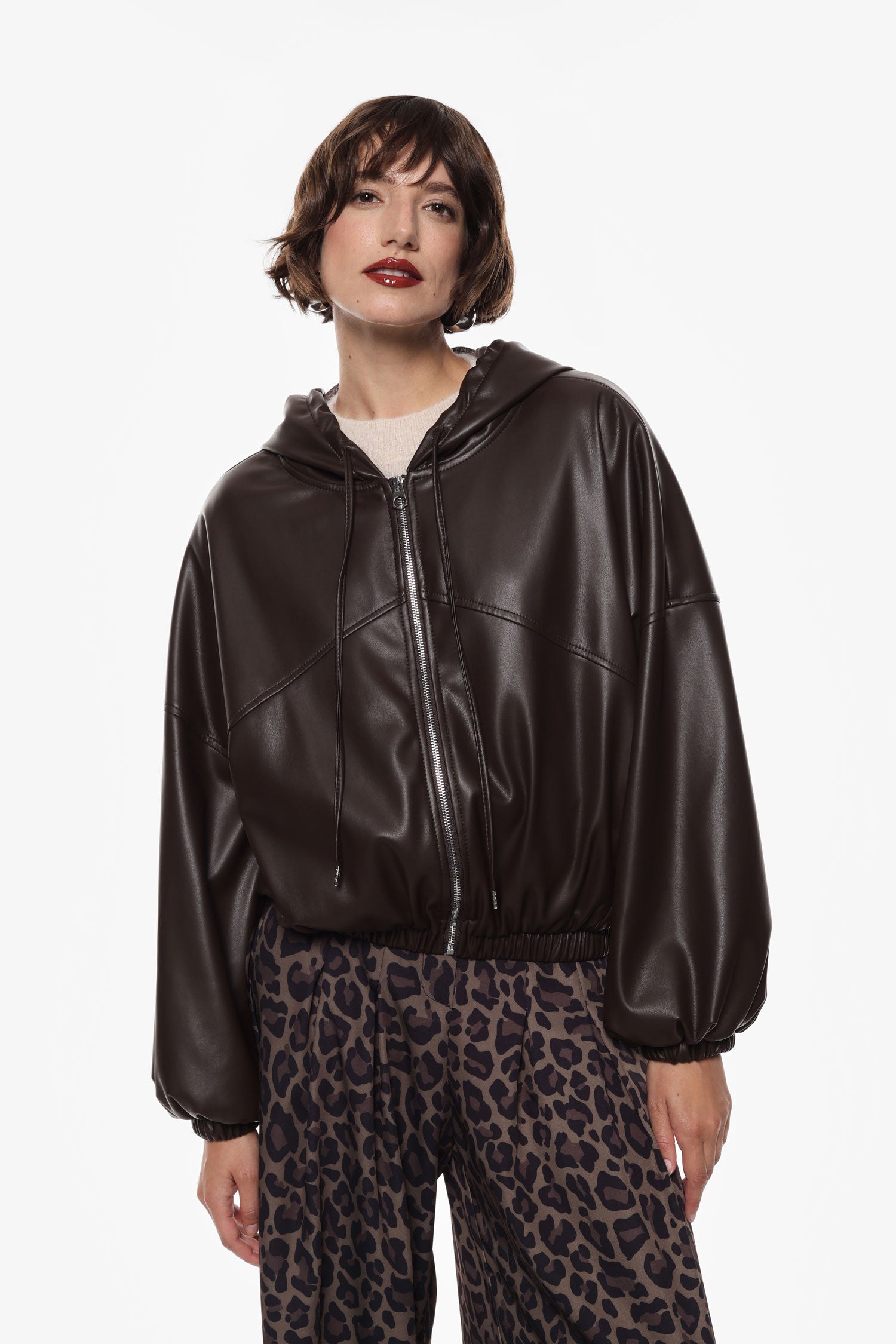 Oversized faux leather jacket with hood