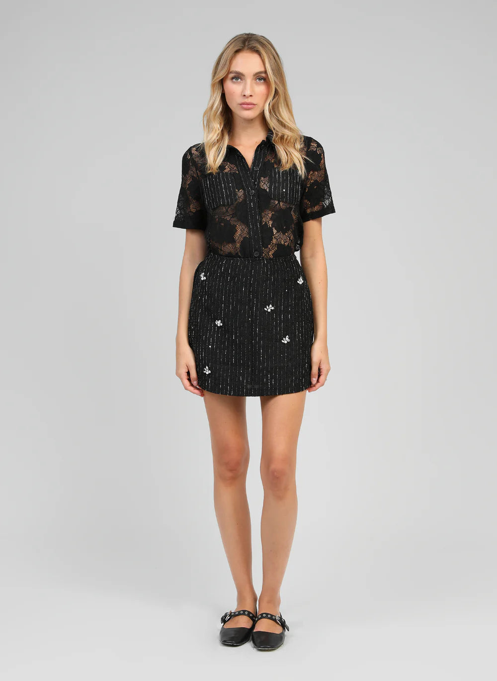 Lace Shirt & Embellished Skirt Set