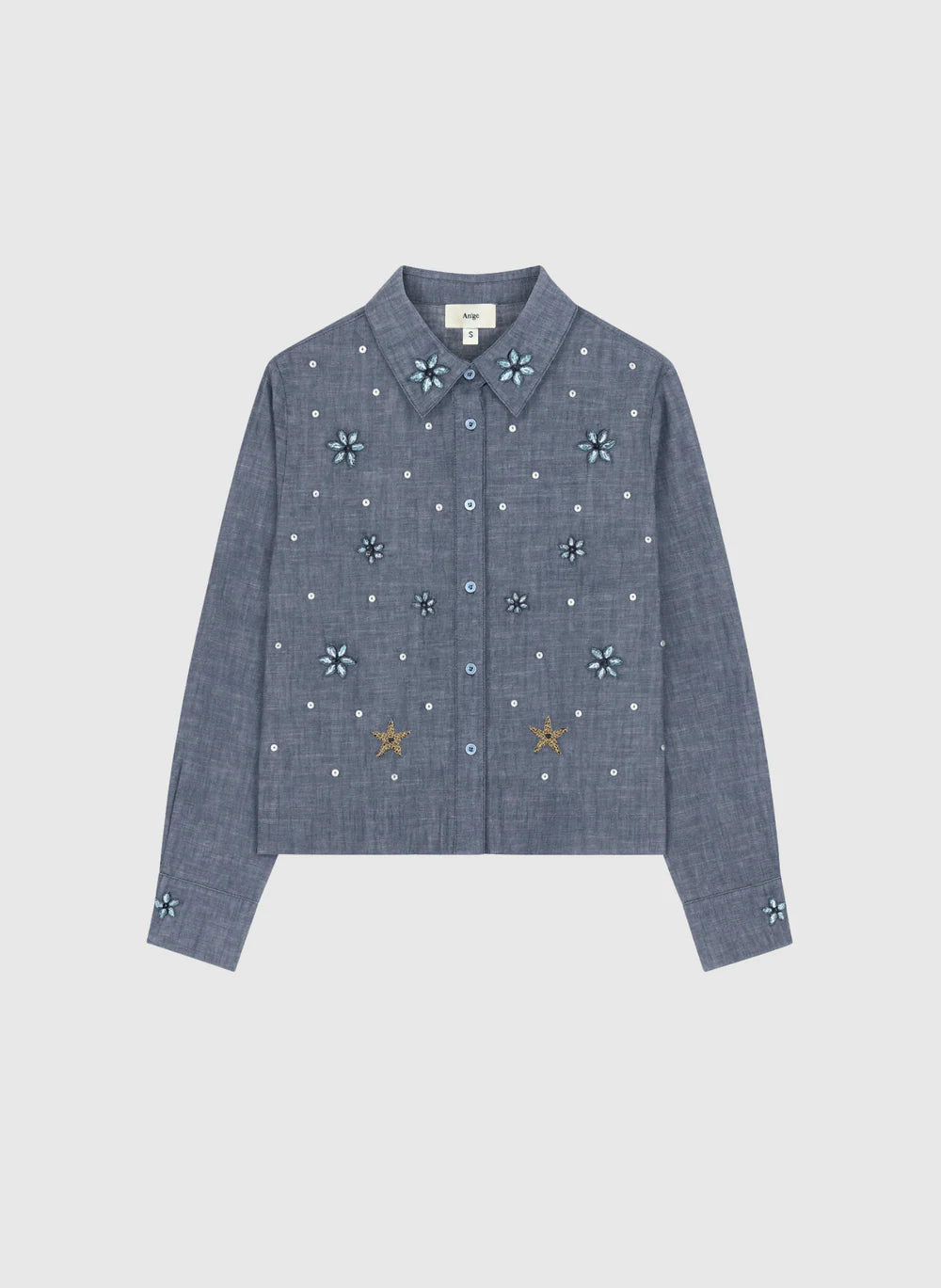 Embroidered Denim Shirt with Star & Floral Detailing