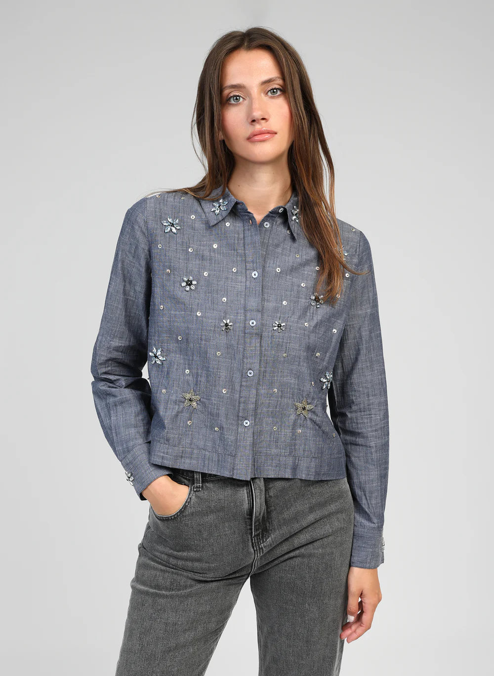 Embroidered Denim Shirt with Star & Floral Detailing