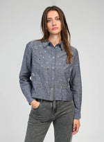 Load image into Gallery viewer, Embroidered Denim Shirt with Star &amp; Floral Detailing
